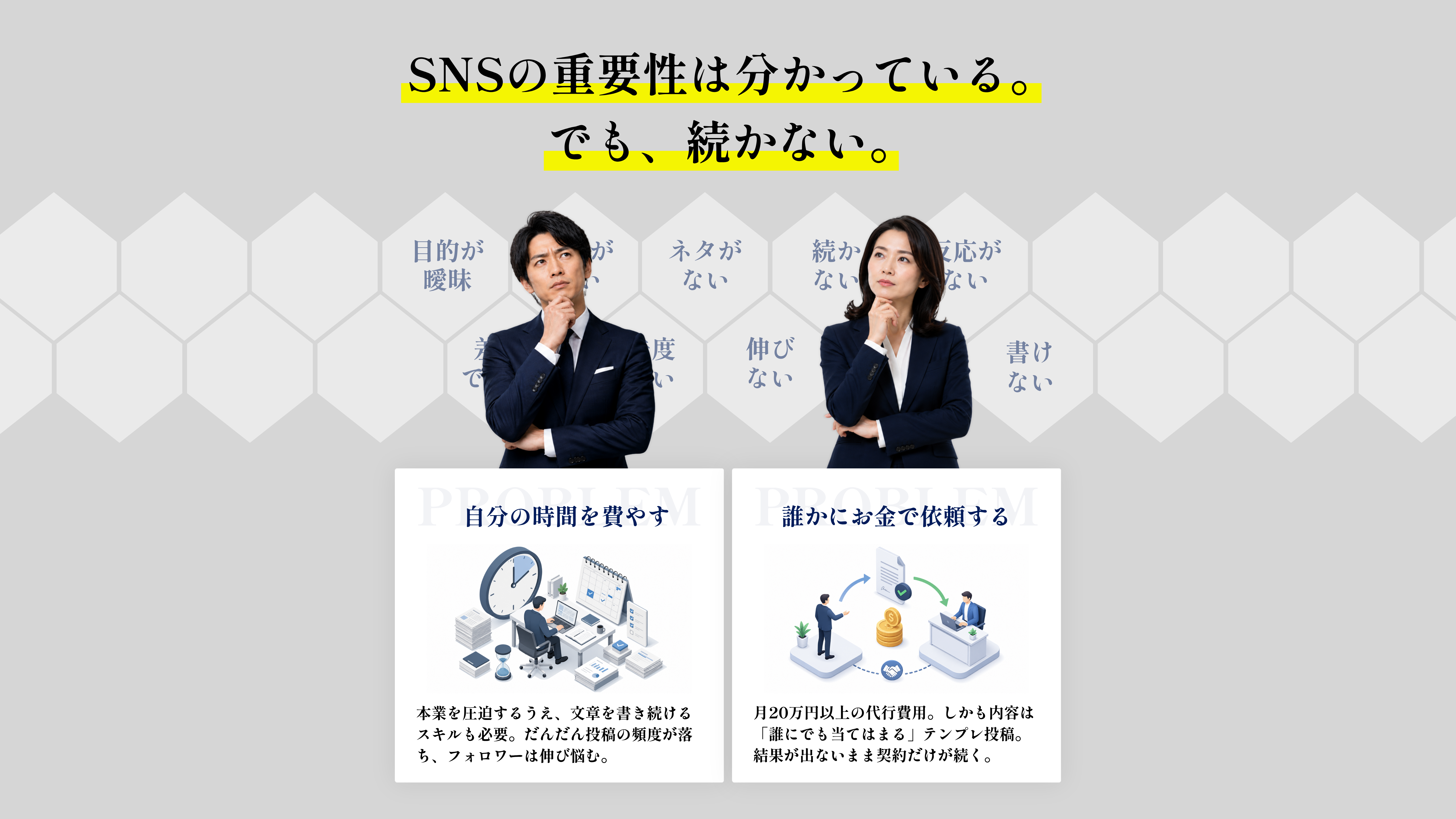 SNSの重要性は分かっている。でも、続かない。｜目的が曖昧・時間がない・ネタがない・続かない・反応がない・差別化できない・優先度が低い・伸びない・売れない・書けない｜自分の時間を費やす・誰かにお金で依頼する