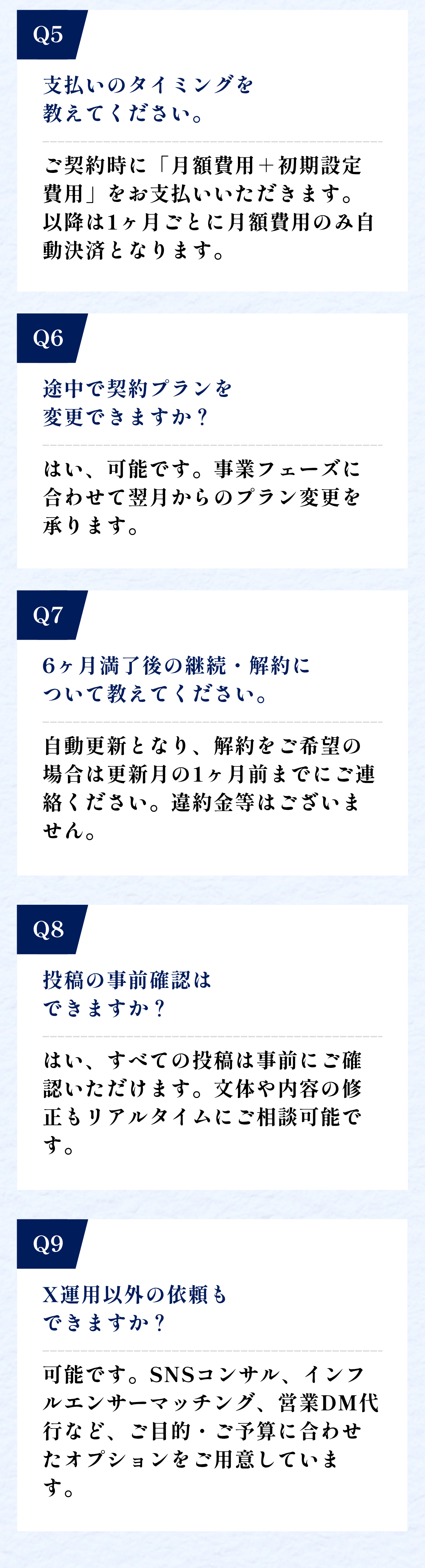 よくある質問 Q5〜Q9｜支払いタイミング・プラン変更・継続解約・事前確認・その他依頼